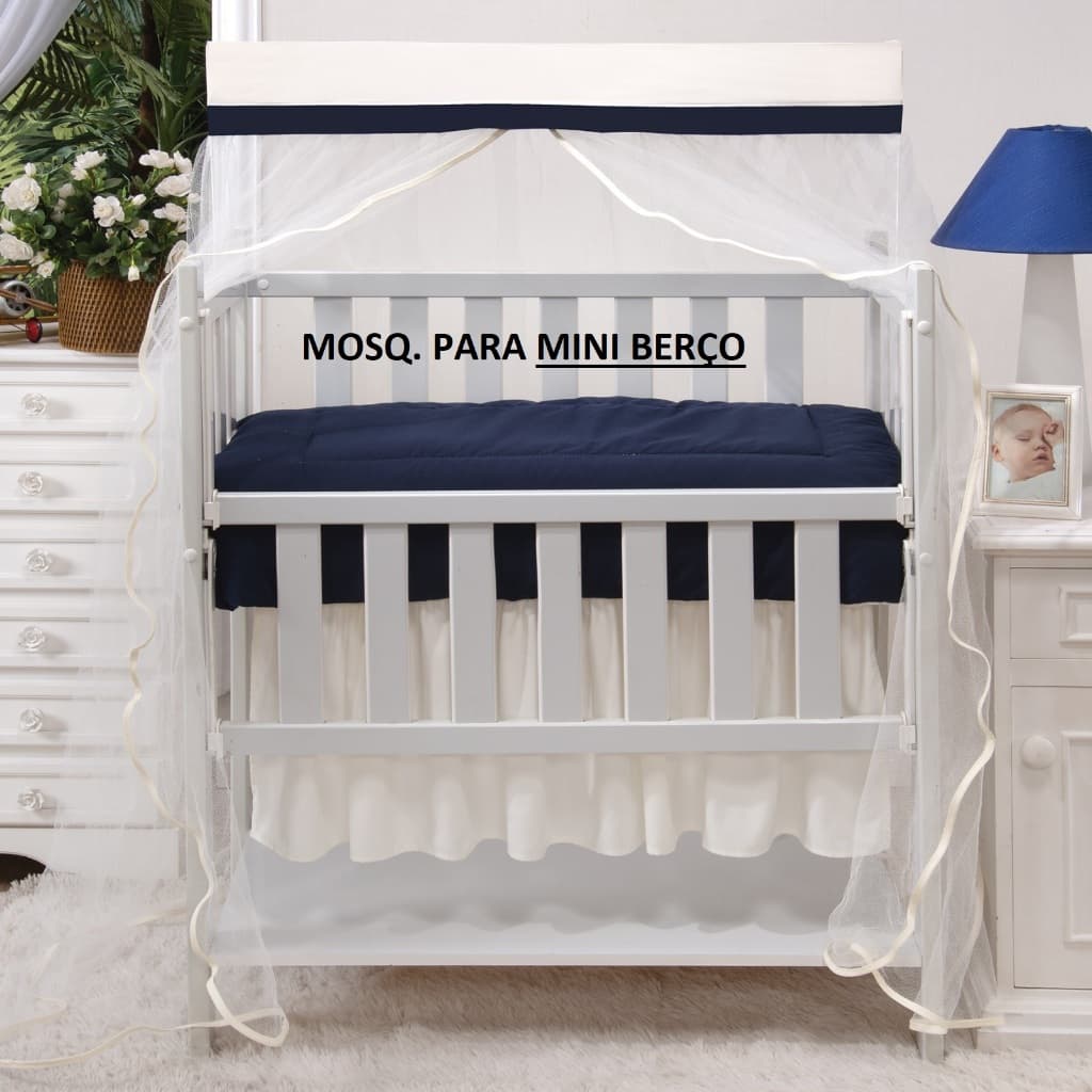 MOSQUITEIRO - CORTINADO PARA ********  MINI BERÇO ********** BEGE COM BARRADO MARINHO LISO COM TULE PALHA