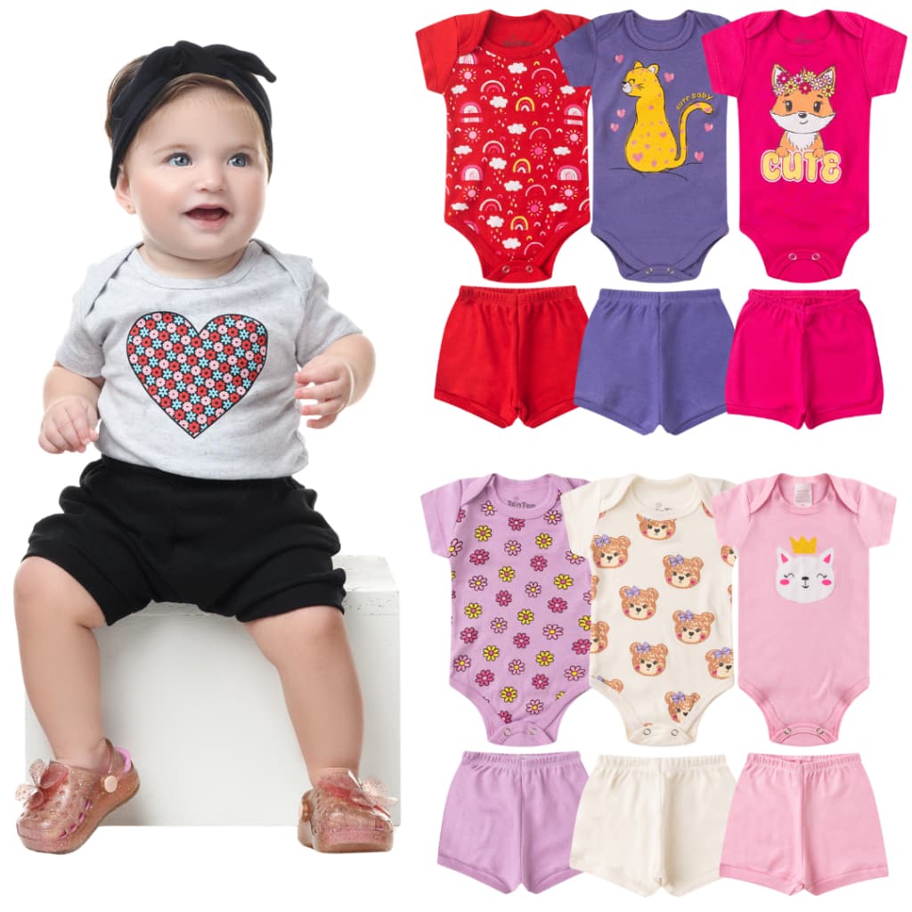 Kit Bebê Menina 8 Peças Verão | Body Manga Curta + Shorts | 100% Algodão | P ao 2