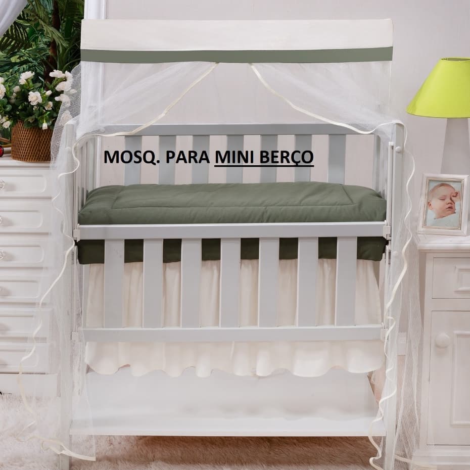 MOSQUITEIRO - CORTINADO PARA *******  MINI BERÇO ******* BEGE COM BARRADO VERDE MILITAR TULE PALHA