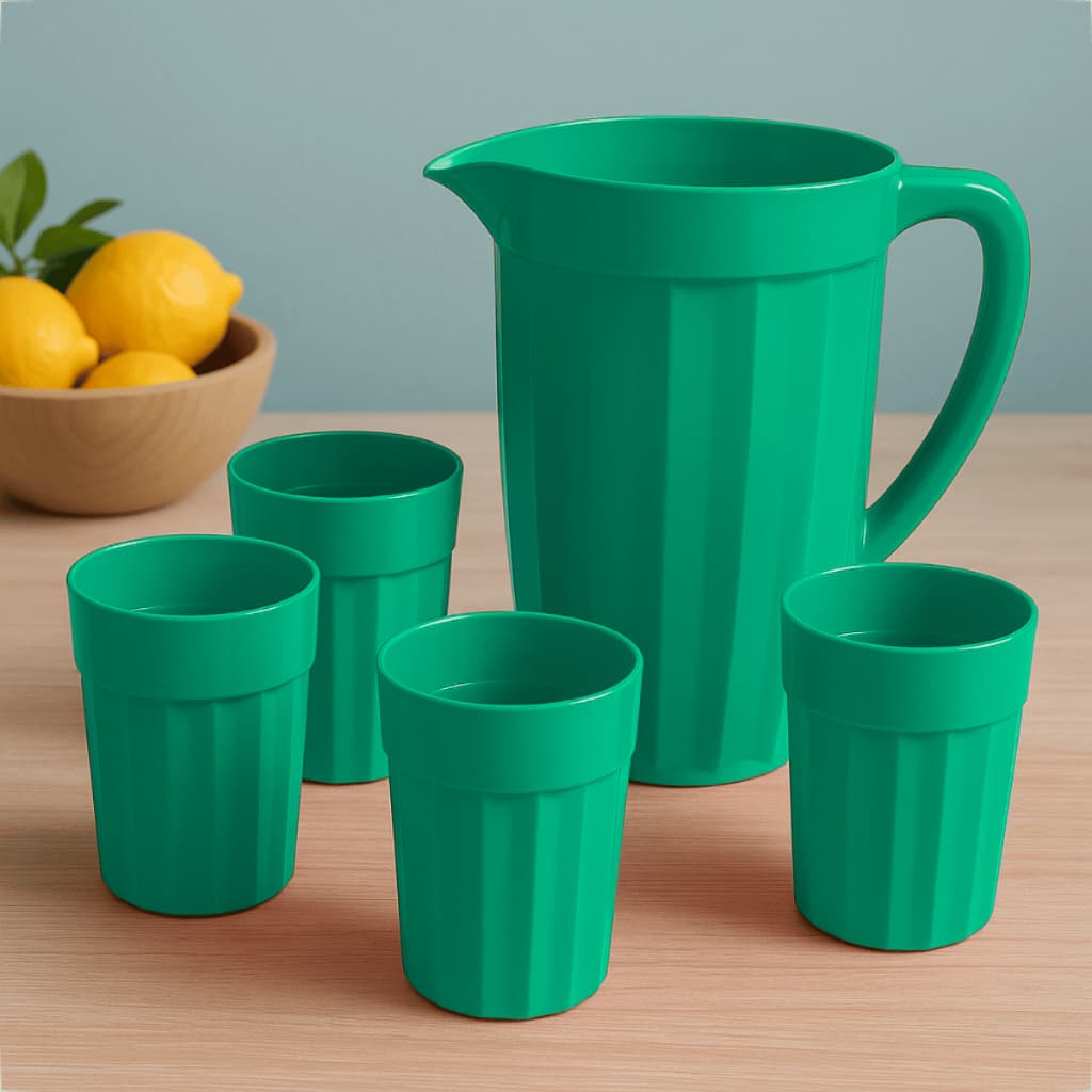 Kit 1 Jarra 1,7L + 4 Copos Coloridos 350ml Plástico Colorido Resistente