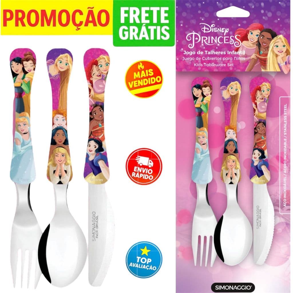 Talher Infantil Disney Princesa Inox Simonaggio Frozen Minnie Carros Toy Store Unicornio Chaves