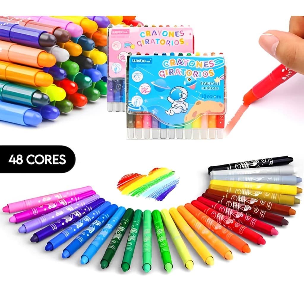 Giz de Cera Retrátil Infantil 48 / 36 / 24 / 12 Cores Kit Escolar Macio e Resistente
