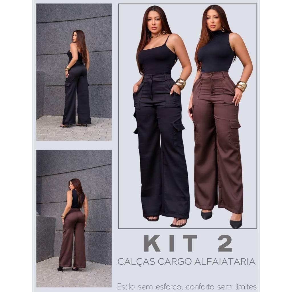 Kit 2 Calças Cargo Alfaiataria Pantalona Feminina Premium Wide Leg Blogueira Social Estilosa Bolsos