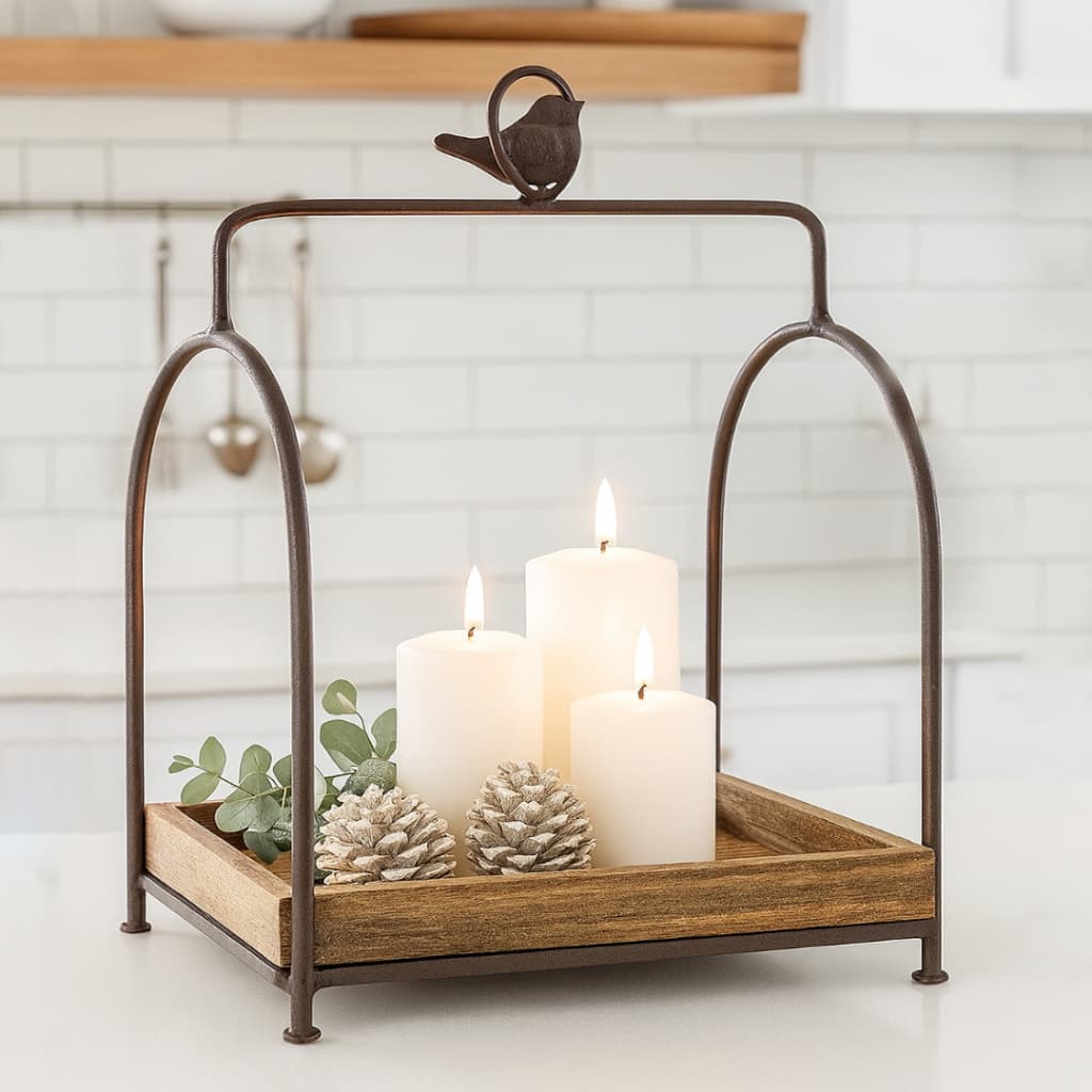 Suporte de Mesa Bandeja Decorativo Rústico Madeira e Ferro  Pássaro Quadrado Organização e Farmhouse
