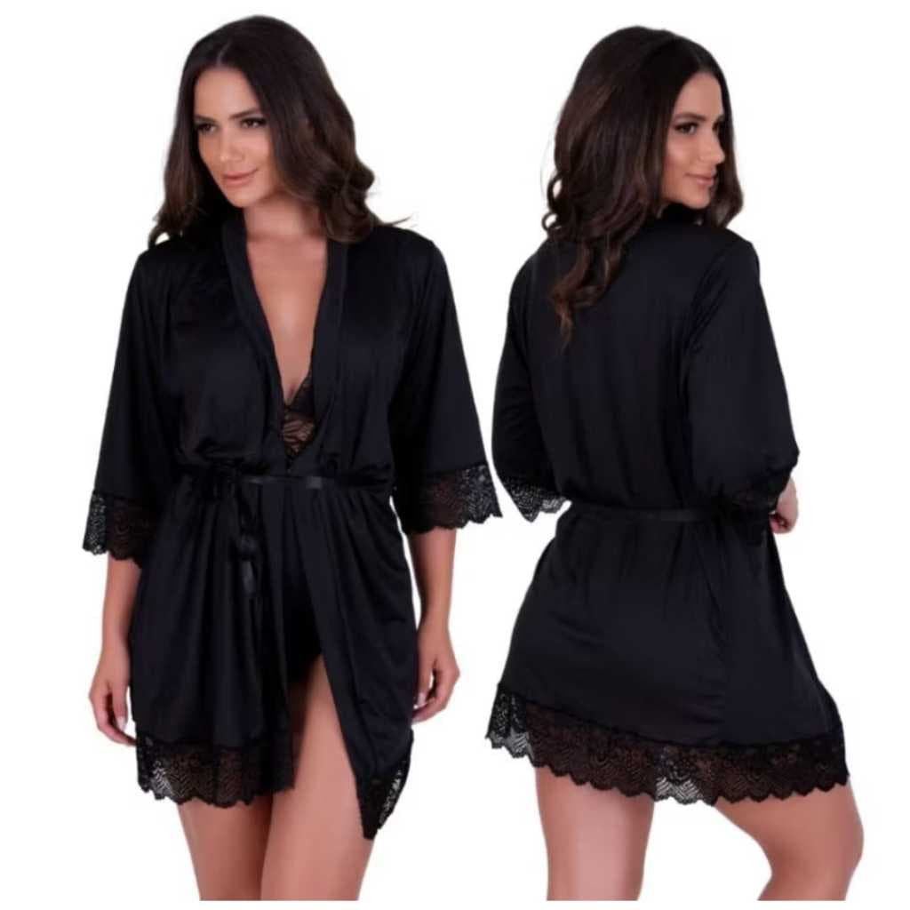 Robe Romantic Com Detalhes em Renda Roupão Confortável Pos Parto Kimono Roupa Dormir Gestante