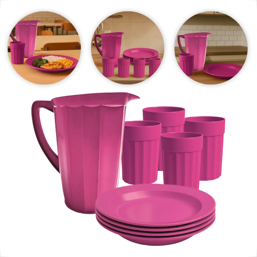 Kit Refeição com Jarra 1,7L + 4 Copos 350ml + 4 Pratos Plástico Premium Colorido