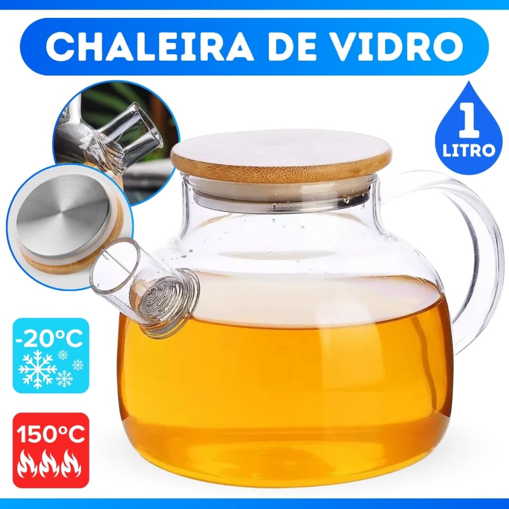 Chaleira de Vidro 1 Litro Coador Tampa de Bambu Premium Resistente a Calor de ir Fogo Bule infusor