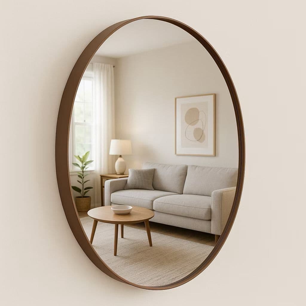 Espelho Redondo Sem Alça com Moldura Couro Ecológico – Sala, Quarto, Banheiro