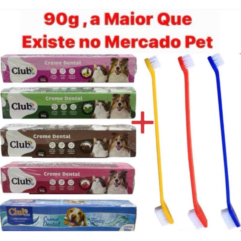 Kit Creme Dental Club Pet para Cães e Gatos Sabores 90g - A Maior do Mercado Pet + Escova 2 Pontas