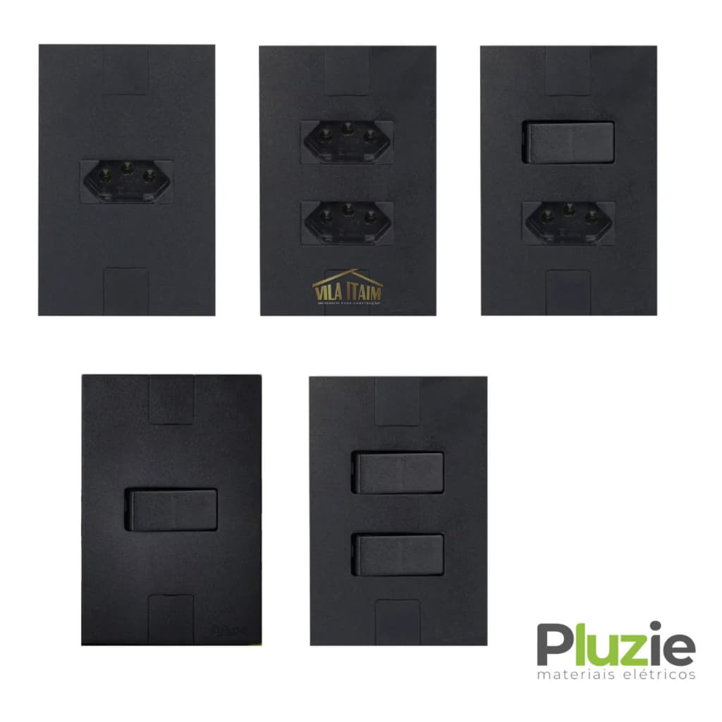 Tomada 10 e 20A e interruptor 6A apagador de luz preto fosco new caprice linha moderna parafusos ocultos modular Pluzie