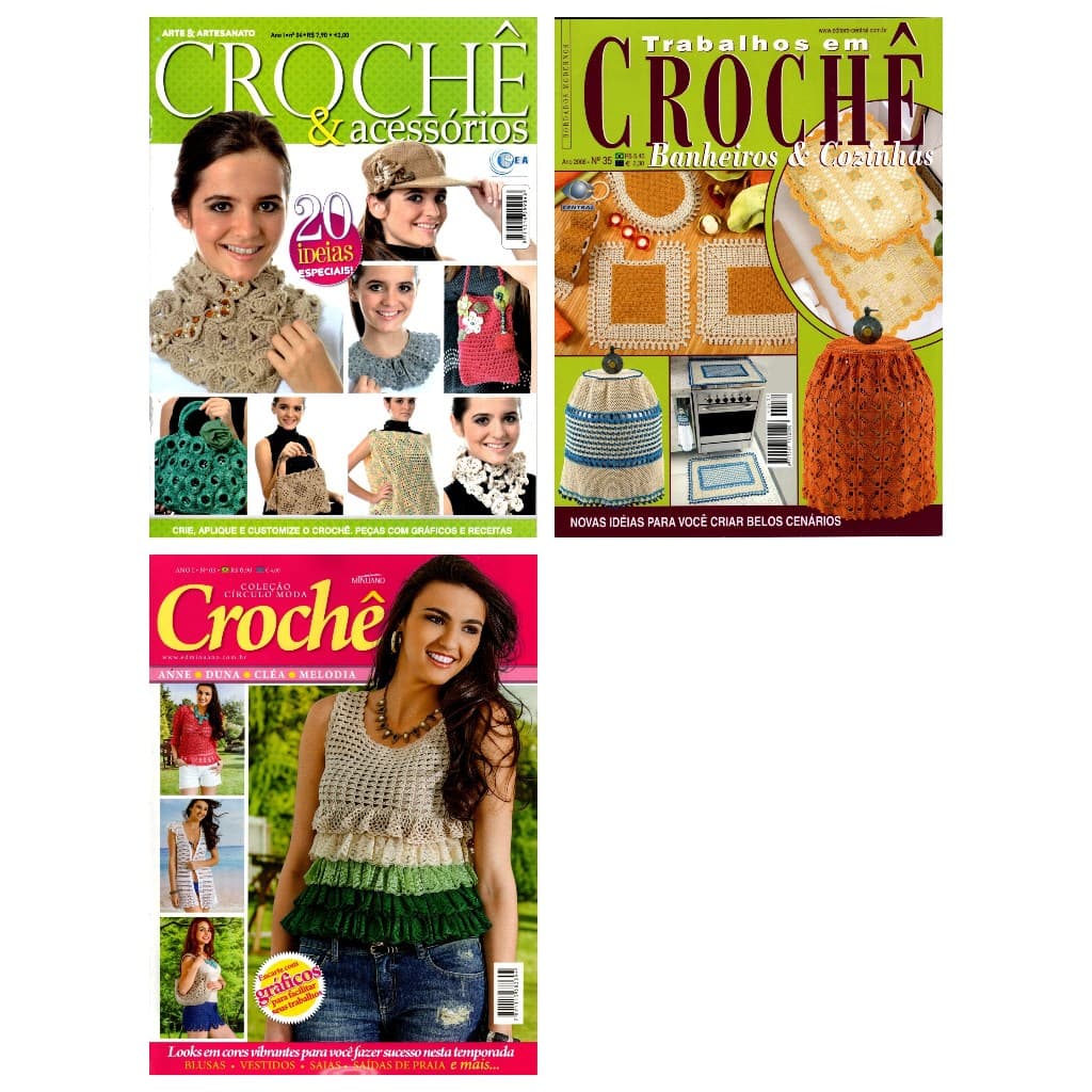 Kit 3 Revistas Trabalhos Em Crochê Bolsas Moda Acessórios