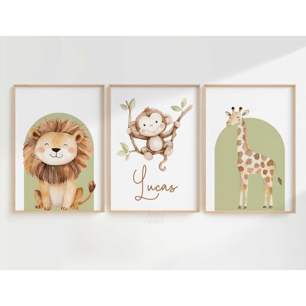 Quadro Decorativo 3 peças Animais Safari Baby Selva Folhas Quarto Infantil Menino