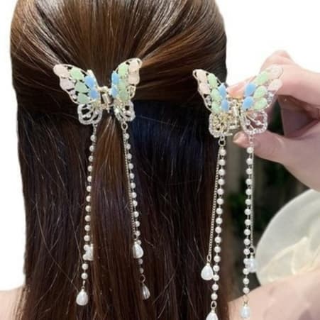 TB Acessórios Presilha De Cabelo Feminina Dourada Com Borla De Borboleta