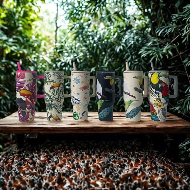 Copo Térmico 1200ML com Alça e Canudo – Personalizado Estampado Fauna Inox