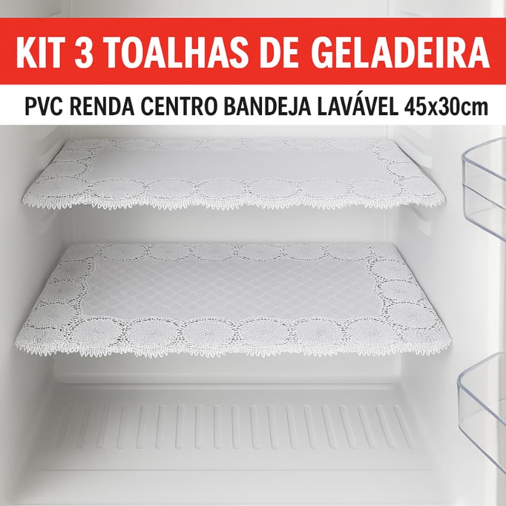 Kit 3 Toalhas de Geladeira PVC Renda Centro Bandeja Lavável 45x30cm
