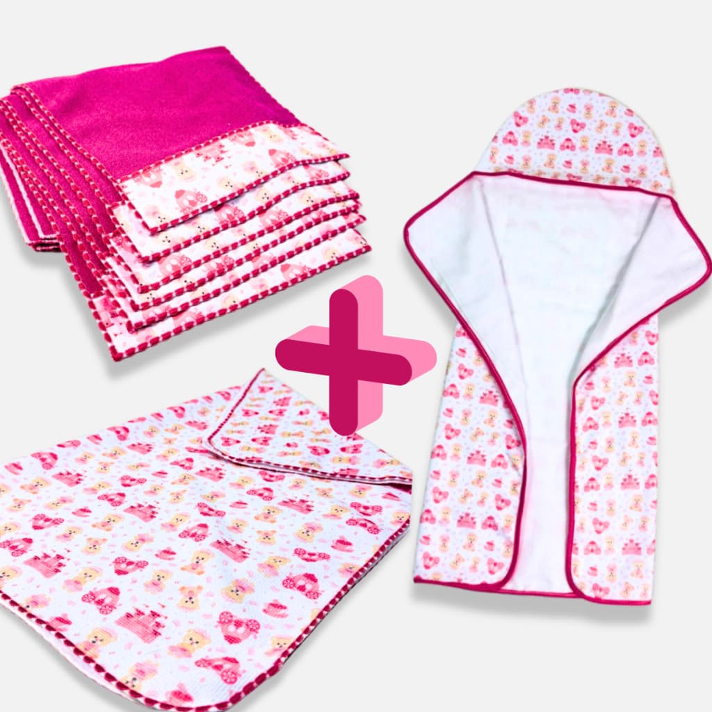 Kit 8 Pecas Conforto Bebê 1 Toalha Capuz + 1 Manta Cueiro + 6 Toalhas Ombro Algodão