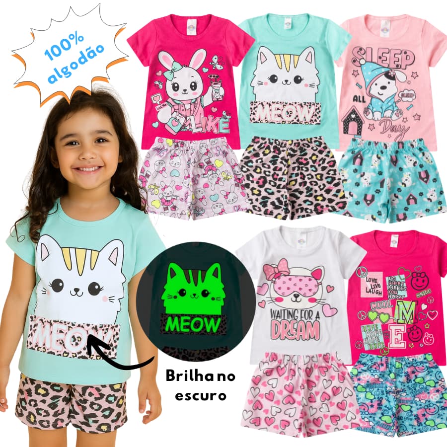 Kit 4 peças Pijama Infantil Juvenil VERÃO 1 a 14   Algodão SORTIDO MENINA