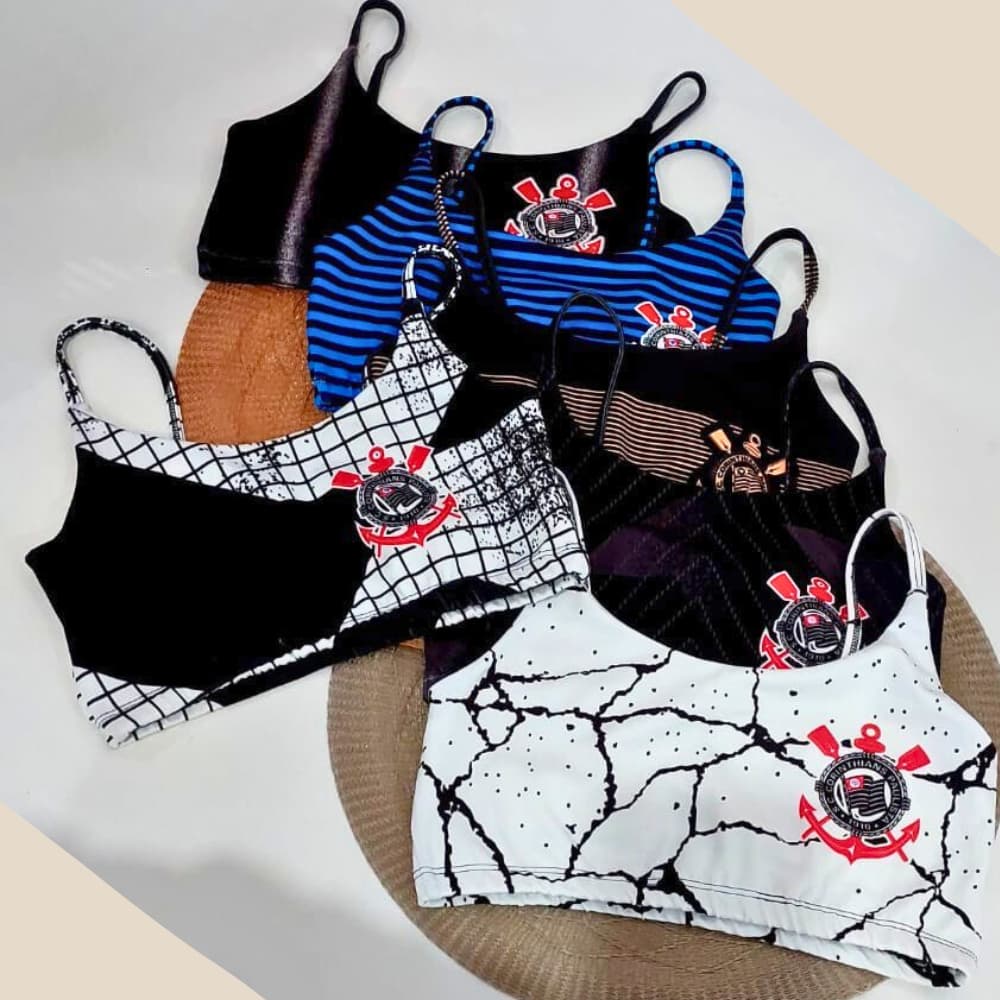 Top Gaviões Alcinha Frente Forrada Estampas Diversas Corintians Sem Bojo Feminino Fitness ESTHER
