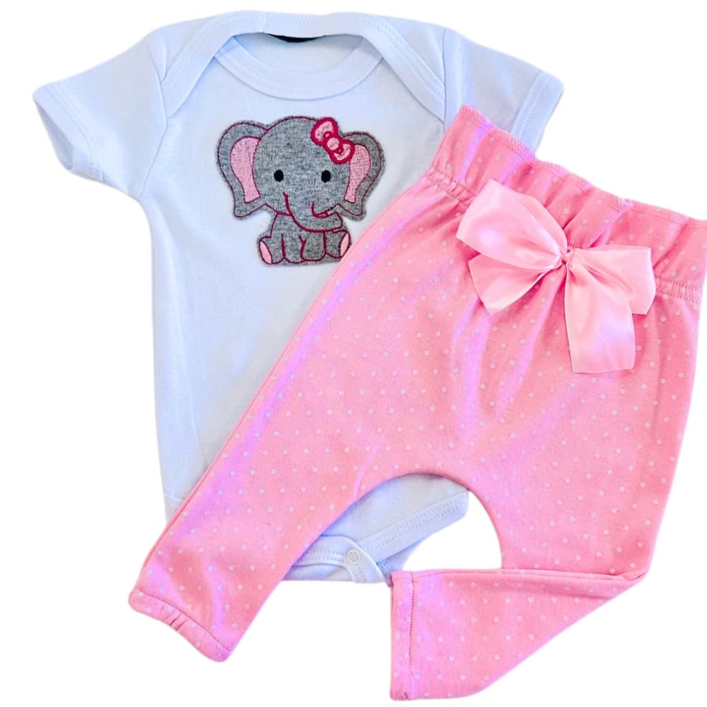 Conjunto Roupa Menina Bebê Algodão Manga Curta com Aplique Bordado Calça e Body Roupinha Bebês luxo