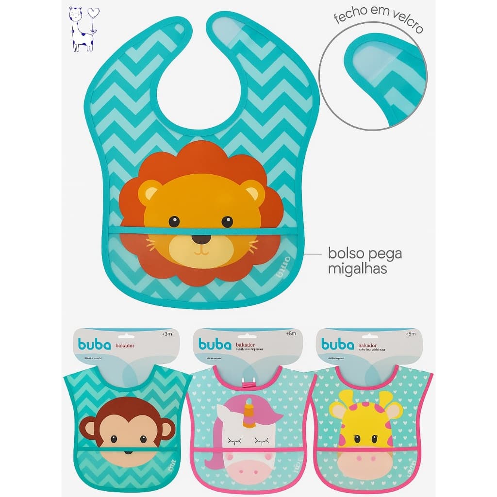 Babador impermeável Animal Fun Buba bolso pega-migalhas bebê menino menina conforto original