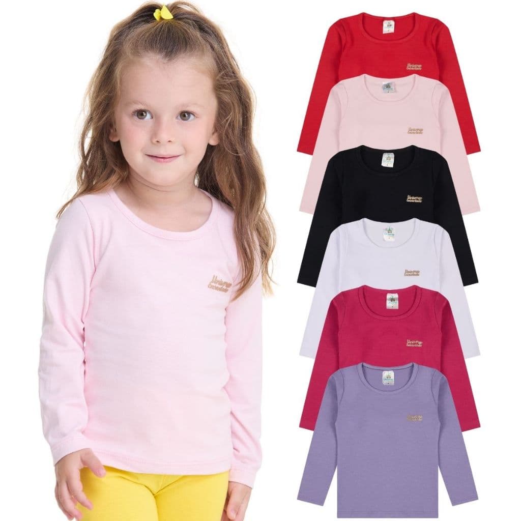 Kit 5 Blusas Manga Longa Infantil Bebê Menina Algodão Lisa