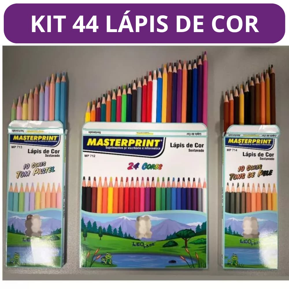 Kit 44 Lápis de Cor (24 CORES + 10 Cores Tom Pastel +10 Cores Tons de Pele) Escolar Sextavado