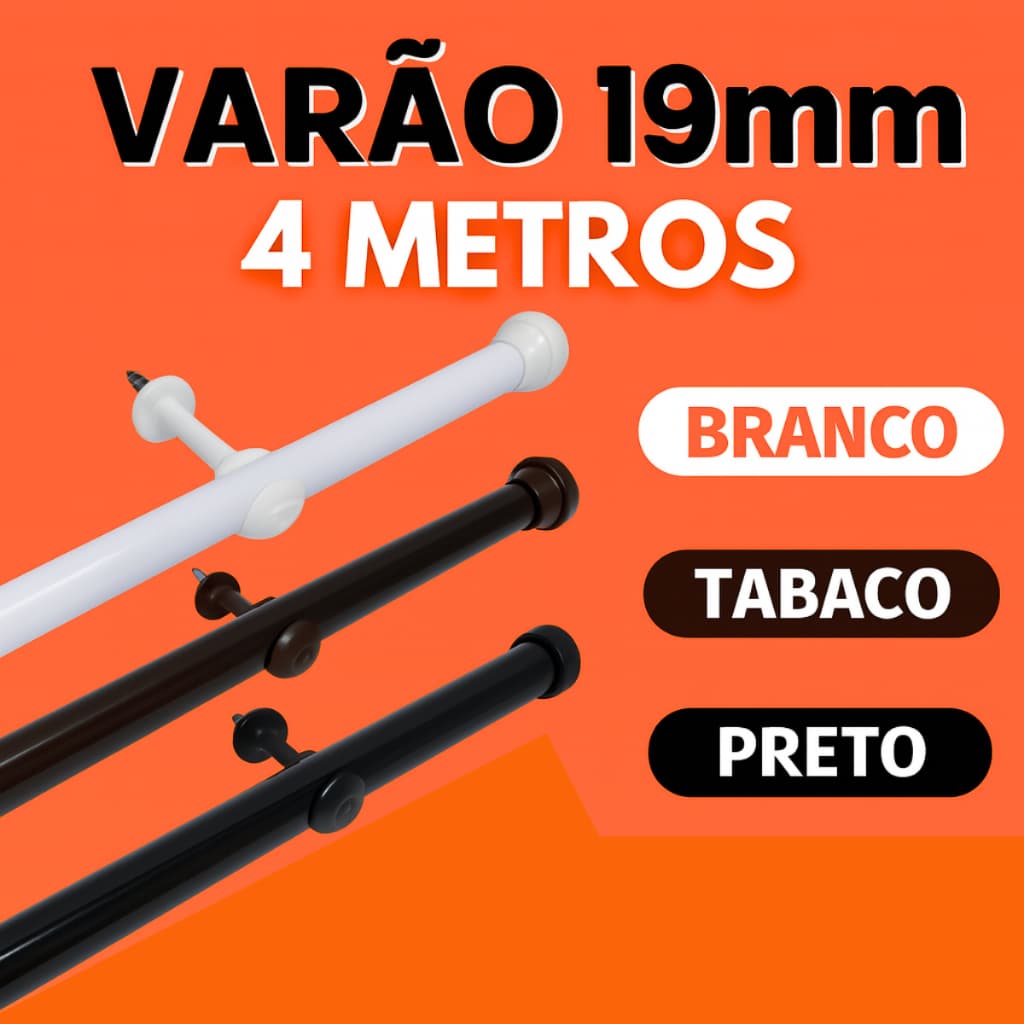 Kit Varão Cortina Simples 4 Metros 19mm com Ponteira Suporte Varal Bastão Sala Quarto Cozinha Cores