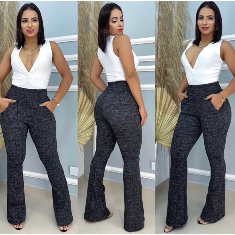 Calça legging Flare Jacquard Social Femenina Bolsos Laterais
