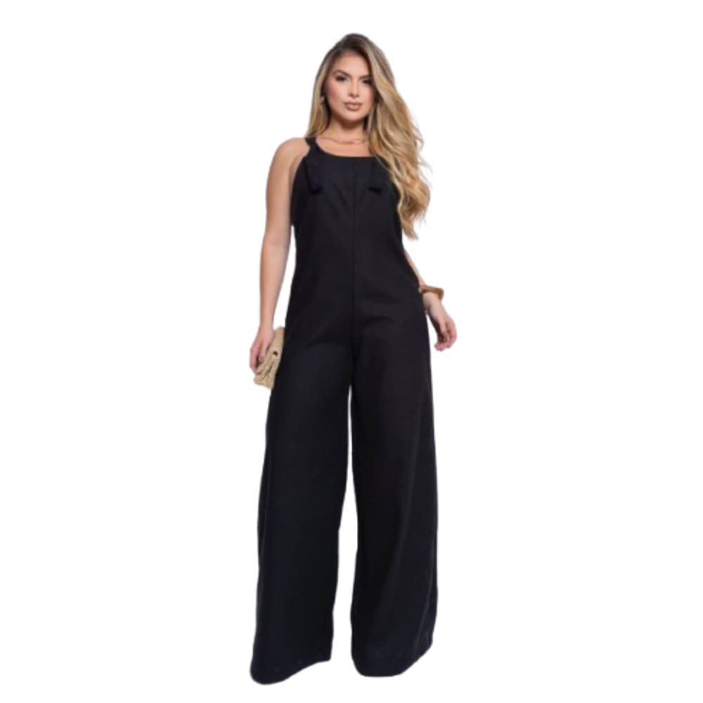 Macacão Feminino Pantalona Wide Leg Linho Botões  Alça com Amarração | Look Minimalista e Elegante | Verão 2025