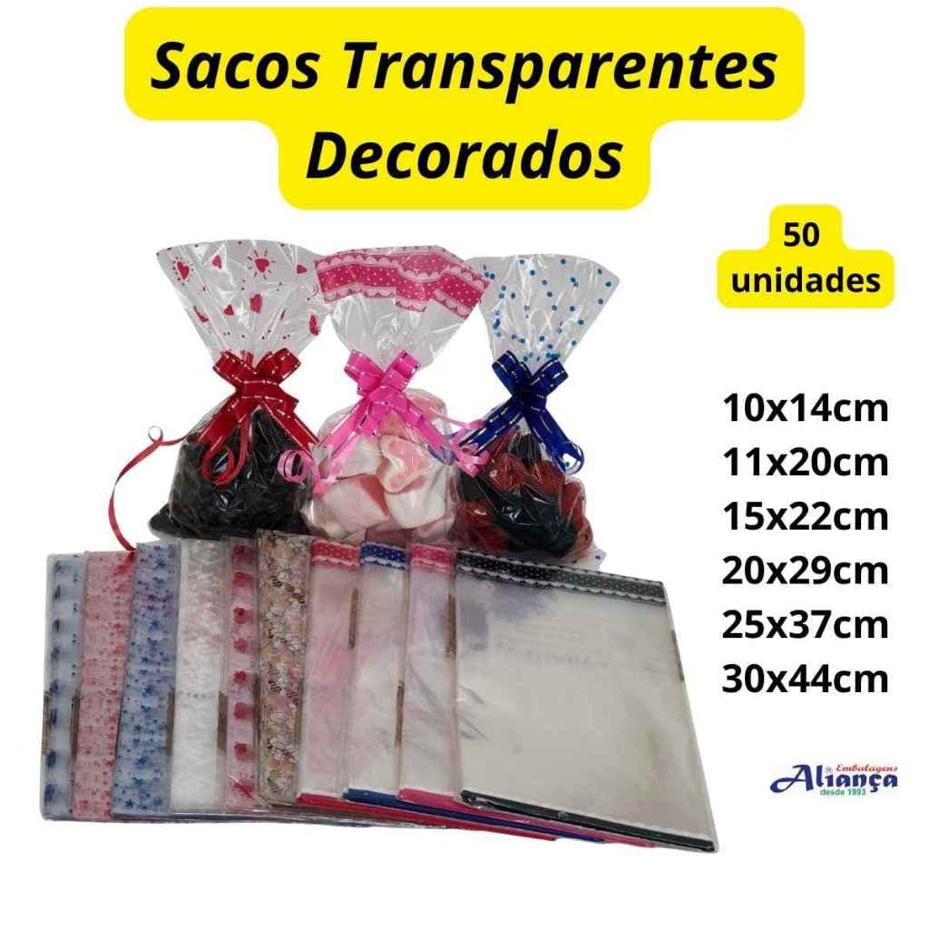 50 Sacos Transparente Decorados para embalar doces, cestas, presentes, brinquedos, lembrancinhas