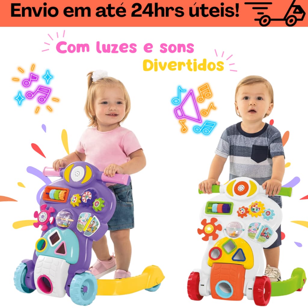 Andador Carrinho Infantil Crianças Empurrador Didático com Luz e Som 2 Em 1 Tateti Meninas Meninos Feminino Masculino