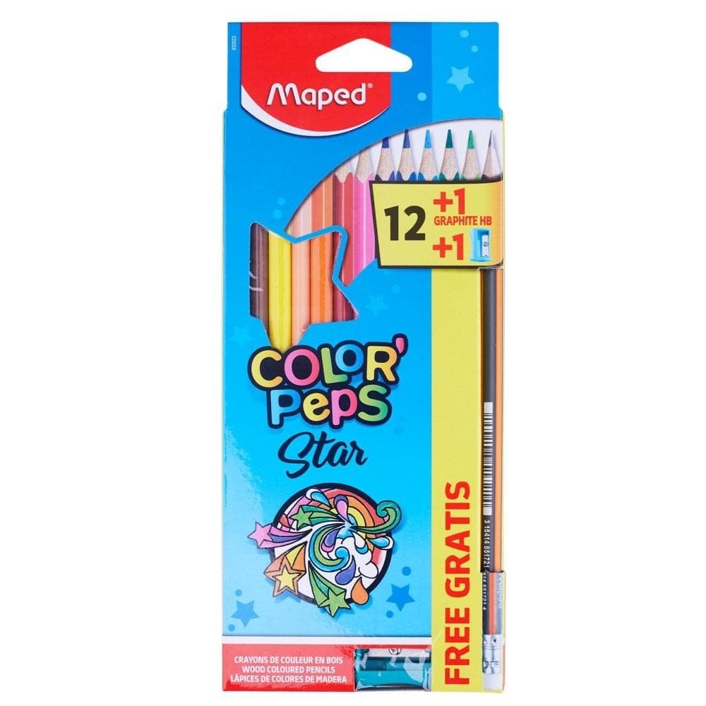 Lápis de Cor Maped Color’Peps Star 12 Cores + Lápis HB e Apontador – Kit Escolar Artístico Atóxico