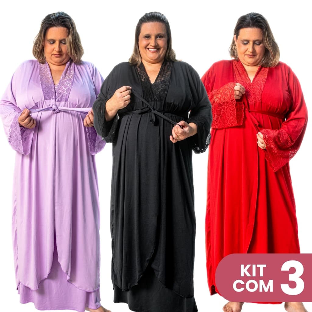 Kit 3 Robes Plus Size Longo Feminino Com Faixa Para Gestante Maternidade Pós Parto de Dormir e Banho