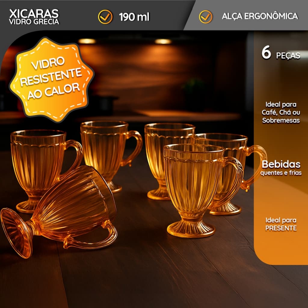 Kit 6 Xícaras Café Chá Cappuccino Vidro 190ml Grécia Design Retrô