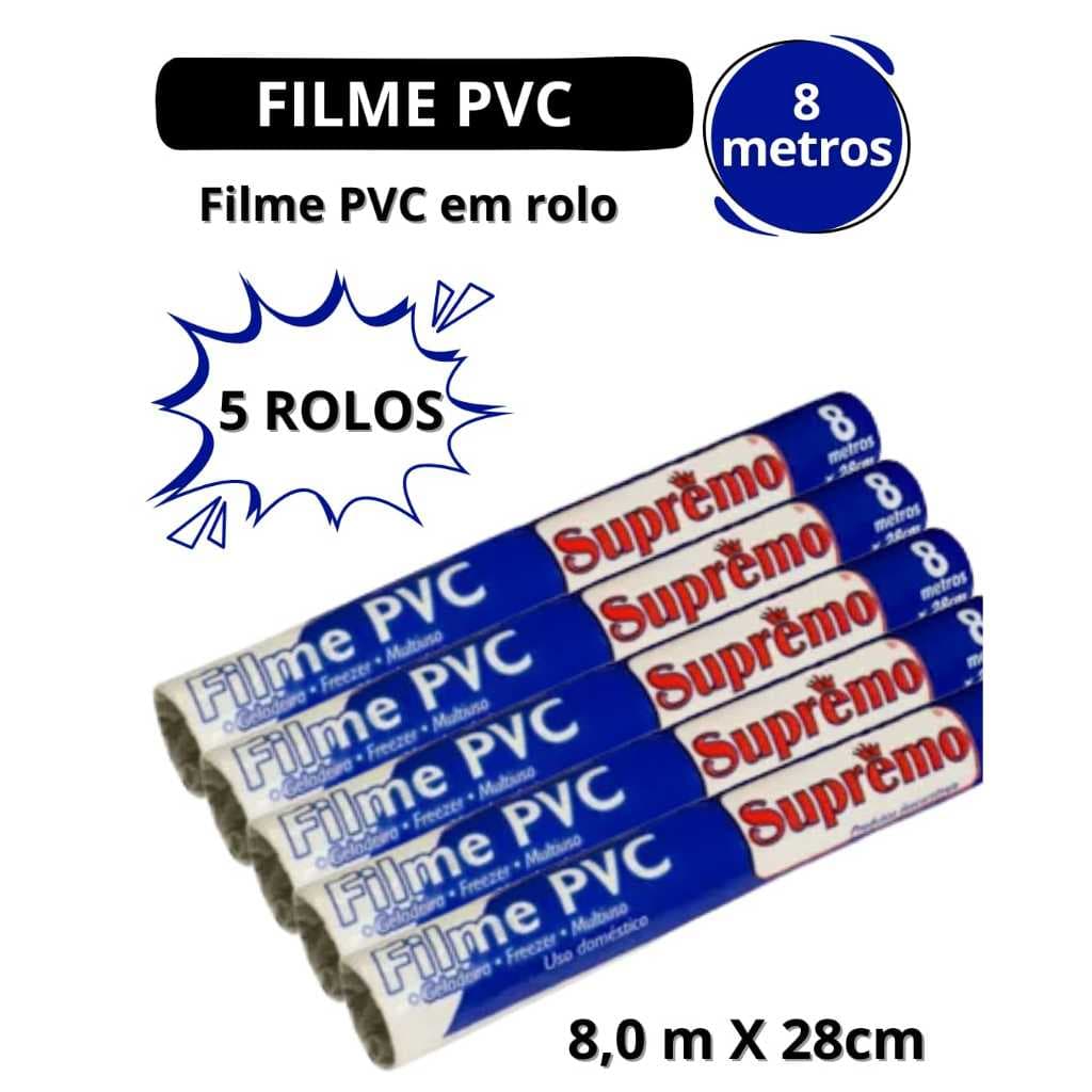 Kit 5 Rolos Plástico Filme PVC Transparente 8 Metros 28cm x 8metros