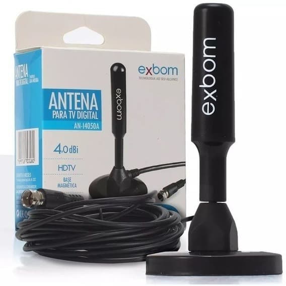 Antena TV Digital Smart Hdtv Amplificada Interna/Externa 4Dbi Cabo 1.5m/5m UHF/VHF Base Imã Exbom