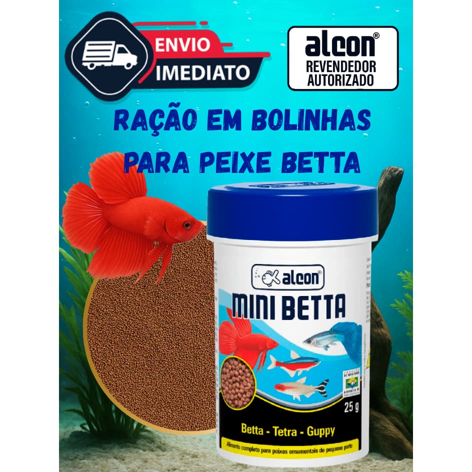 Ração Alcon Mini Betta 25gr, em Bolinhas para Peixe Pequeno Betta, Guppy e Tetra, Alimento Completo