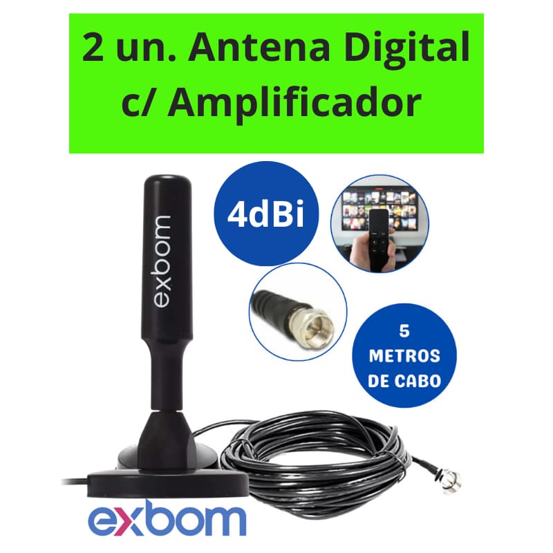 Antena Digital Tv 4k Full HDTV Entrada Coaxial Interna/Externa 4dBi Base Imã Cabo 1.5/5m Exbom