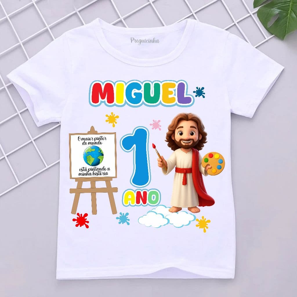 Camiseta infantil Golpel com nome e idade tema Jesus O maior pintor do mundo