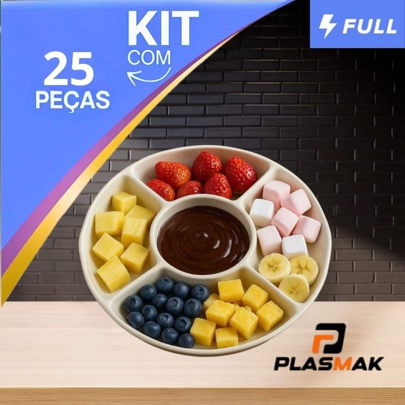 kit 25 Petisqueira 25 cm Petiscos Prato Redondo Petisqueira 5 Divisórias Queijos Amendoim Fondue