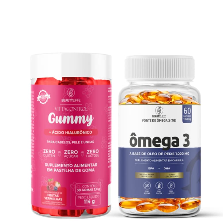 SUPER KIT Vittacontrol Gummy + Omega 3 Beauty Liffe com  Biotina + Acido Hialurônico + Omega 3