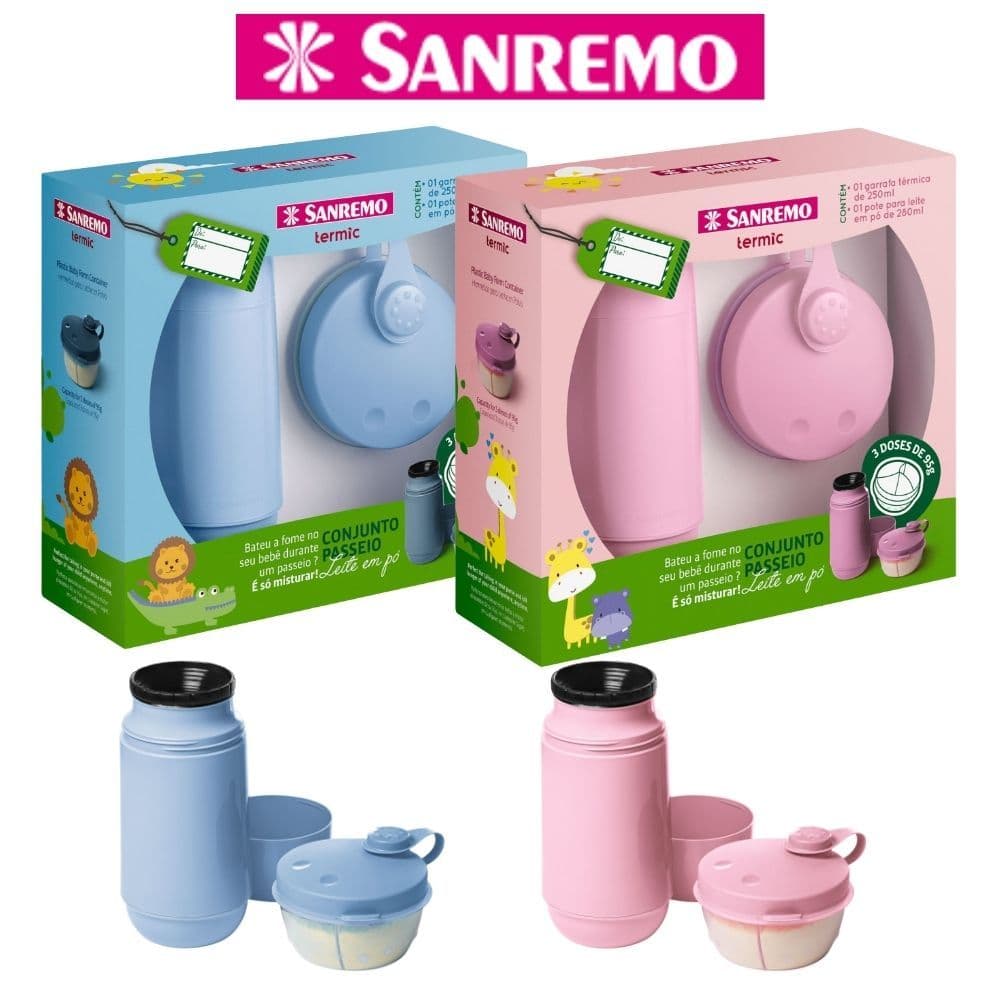 Conjunto Garrafa Térmica Infantil + Pote Dosador Com Divisórias Kit Passeio Sanremo