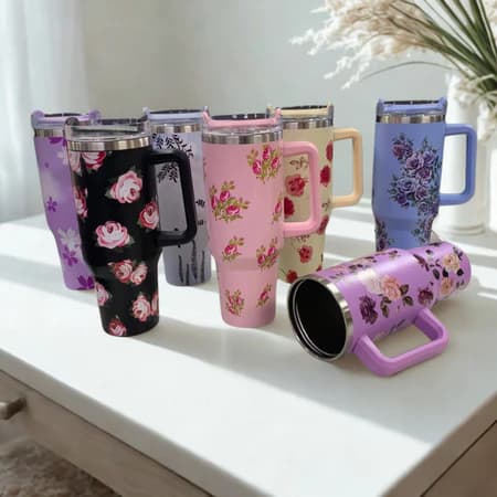 Copo Térmico Floral 1200ml em Inox com Alça, Tampa e Canudo – Estilo e Funcionalidade