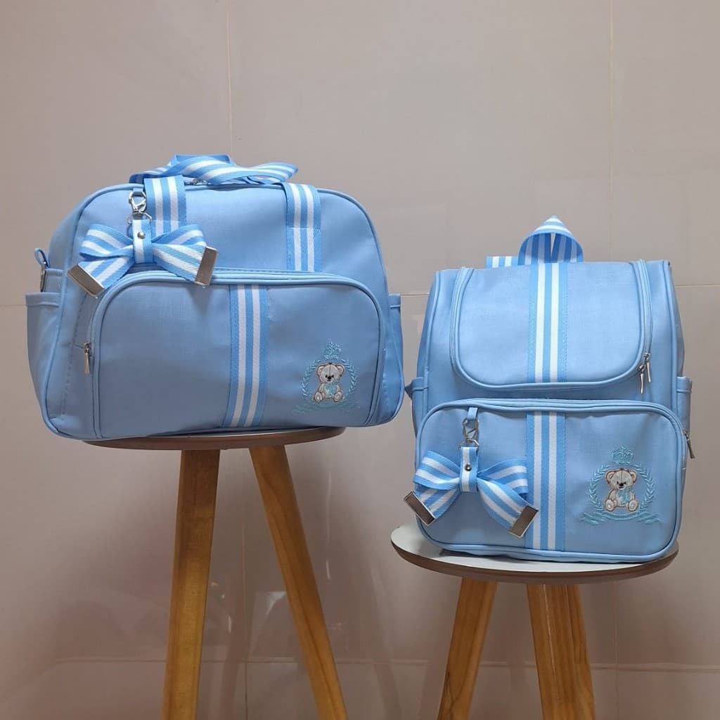 Kit Bolsa de Bebê e Mochila Maternidade Urso Azul Claro
