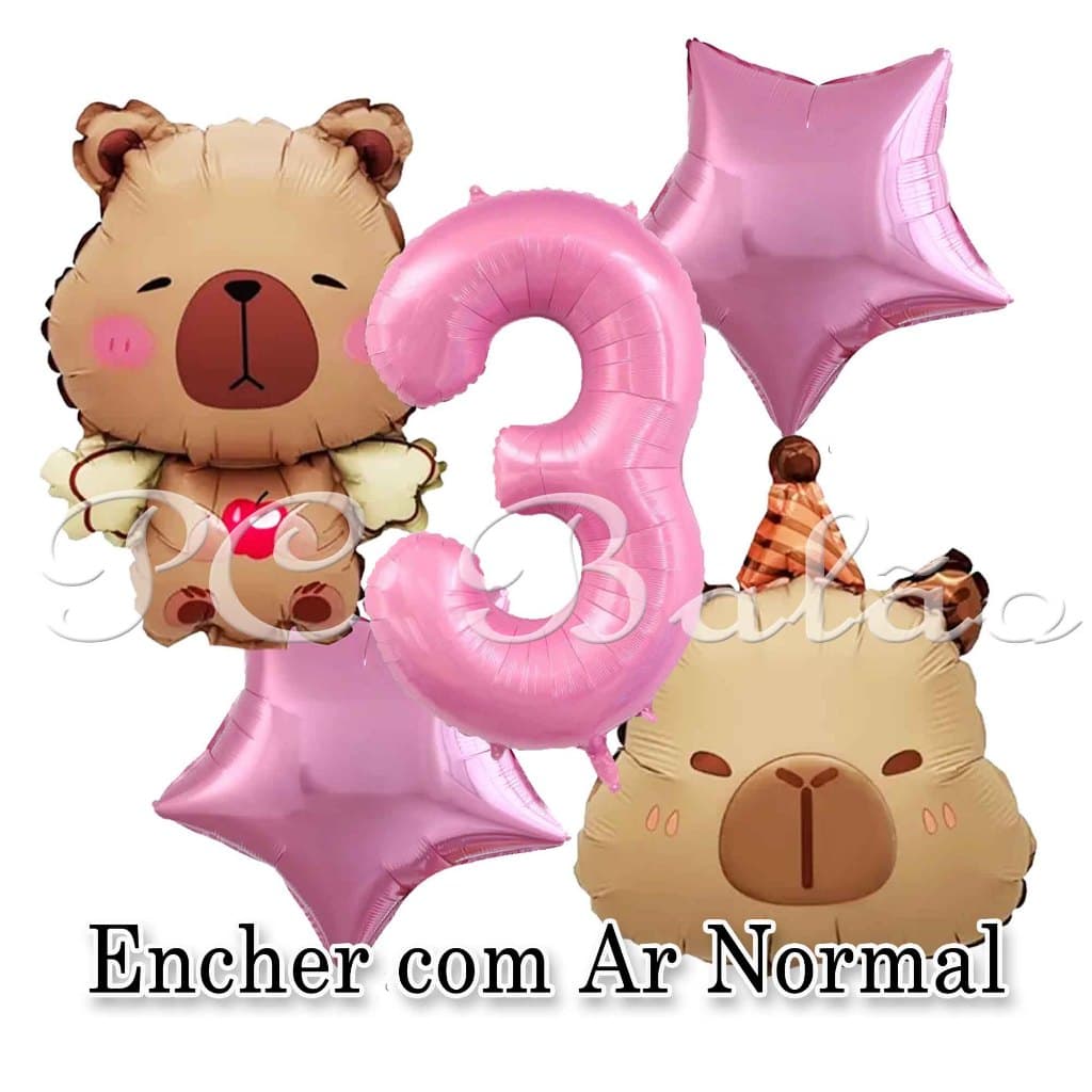 Kit 5 Balão Metalizado 2 CAPIVARA PEQUENA + N° 40cm  ROSA CLARO + 2 Estrela ROSA CLARO 22CM