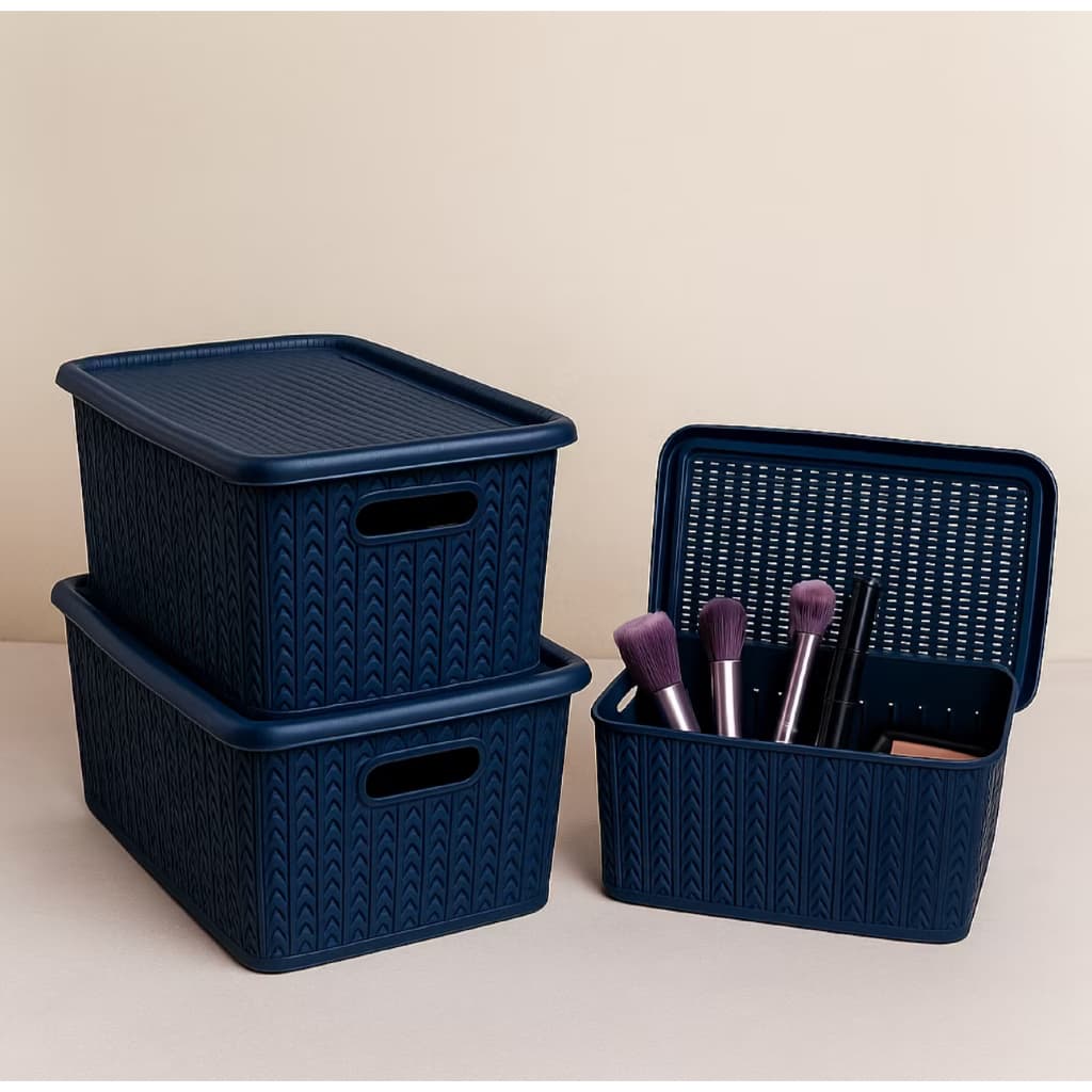 Kit 3 Caixas Organizadoras Rattan Plástico 5L com Tampa e Alças Empilhável Multiuso Casa