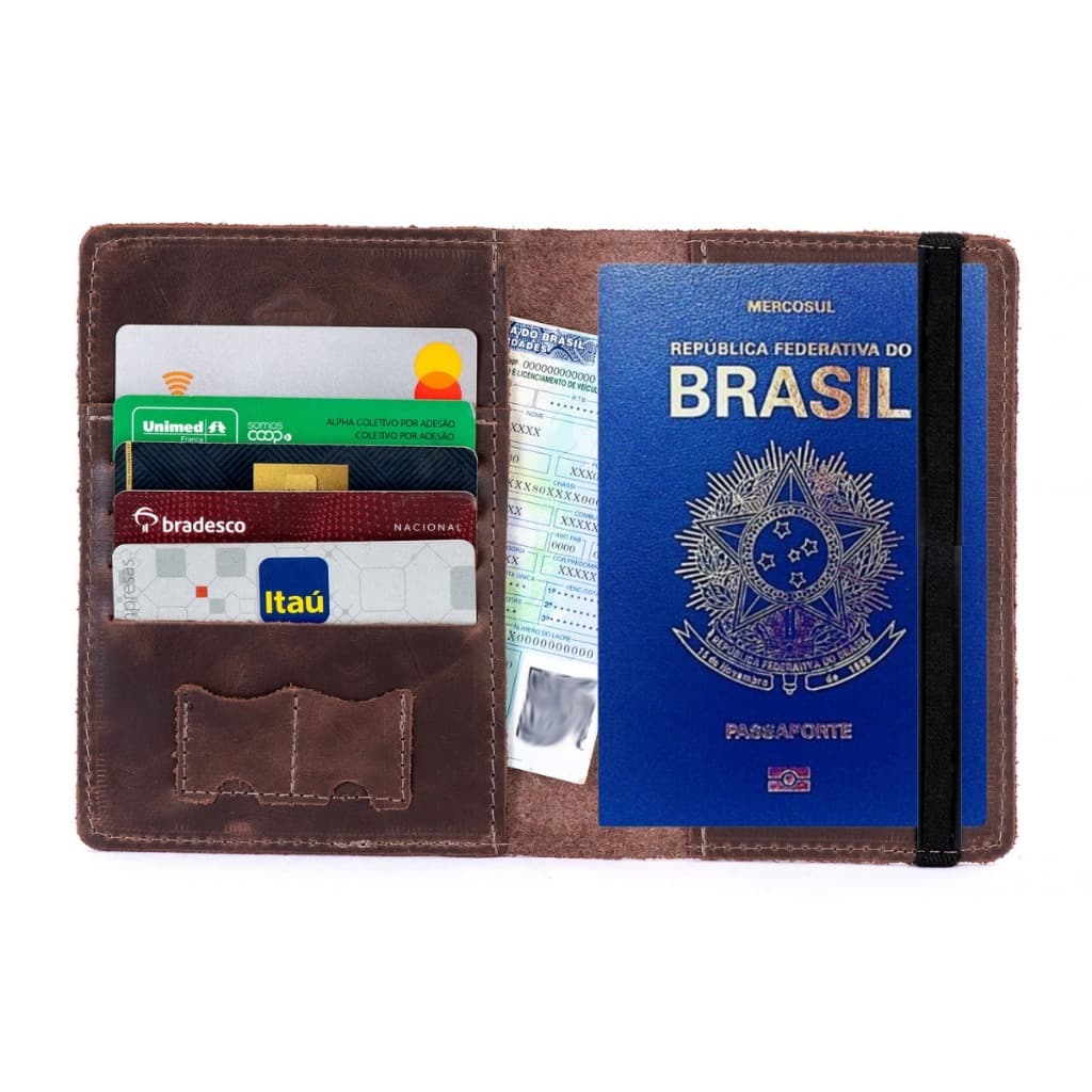 Carteira Porta Passaporte De Couro Para Viagem Grande