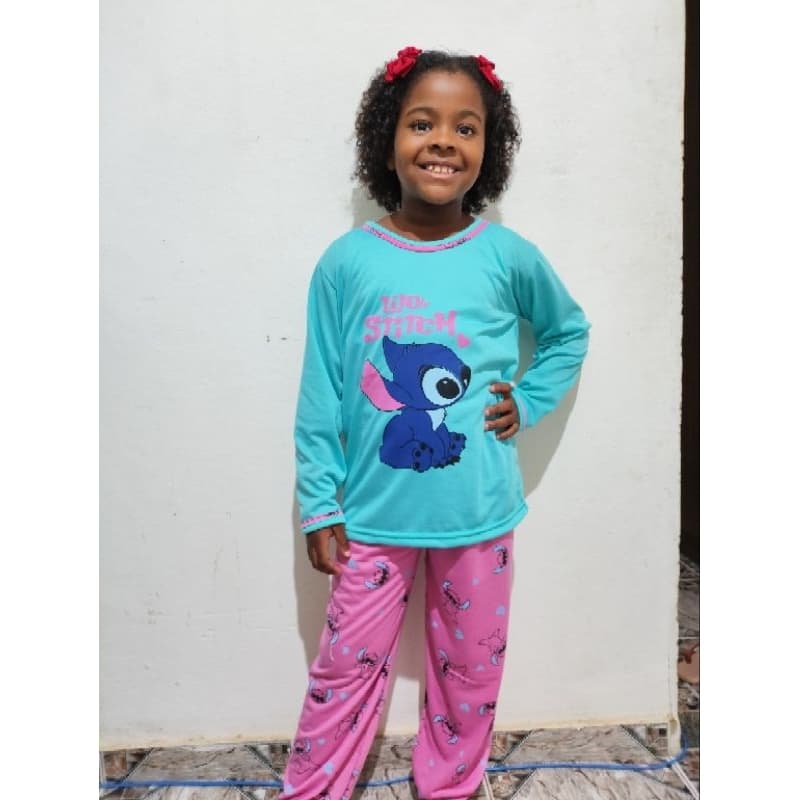 pijama longo infantil feminino, estampa do Stitch
