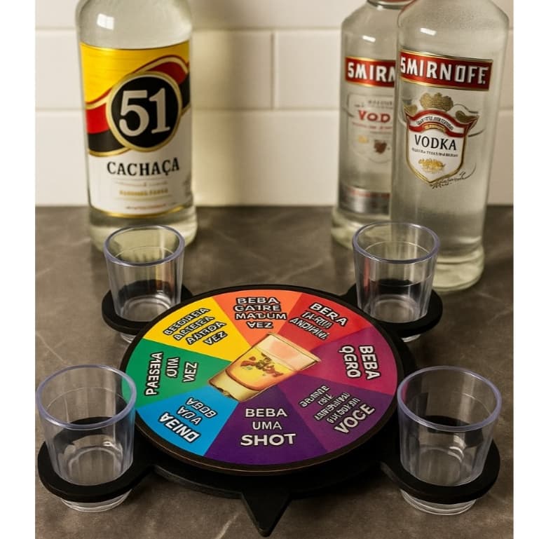 Roleta Roda de Shot com 4 Copinhos Cachaça Acrílico 60ml Mesa Bebida Happy Hour Bebida