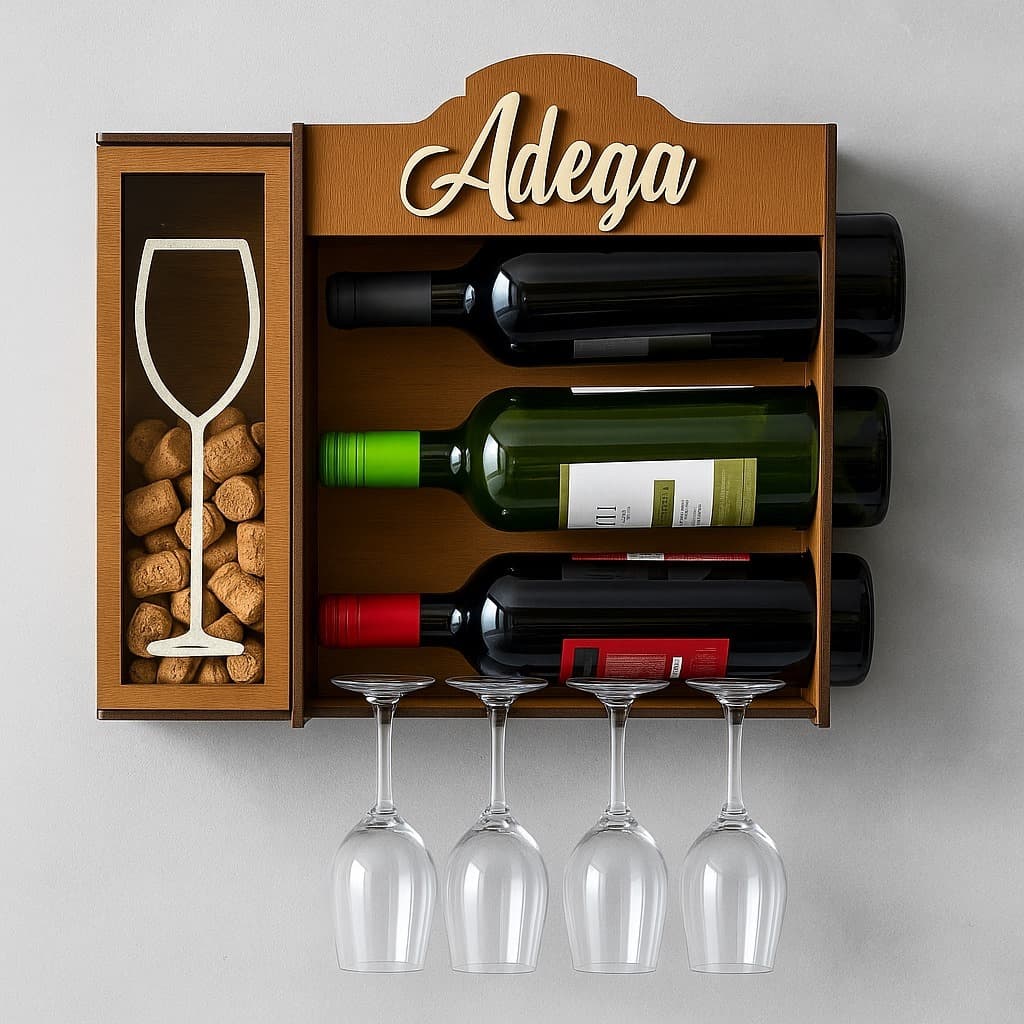 Adega De Parede Barzinho Com Suporte Para Rolhas Em Mdf  Decoração Porta Taças e Vinhos Vidros
